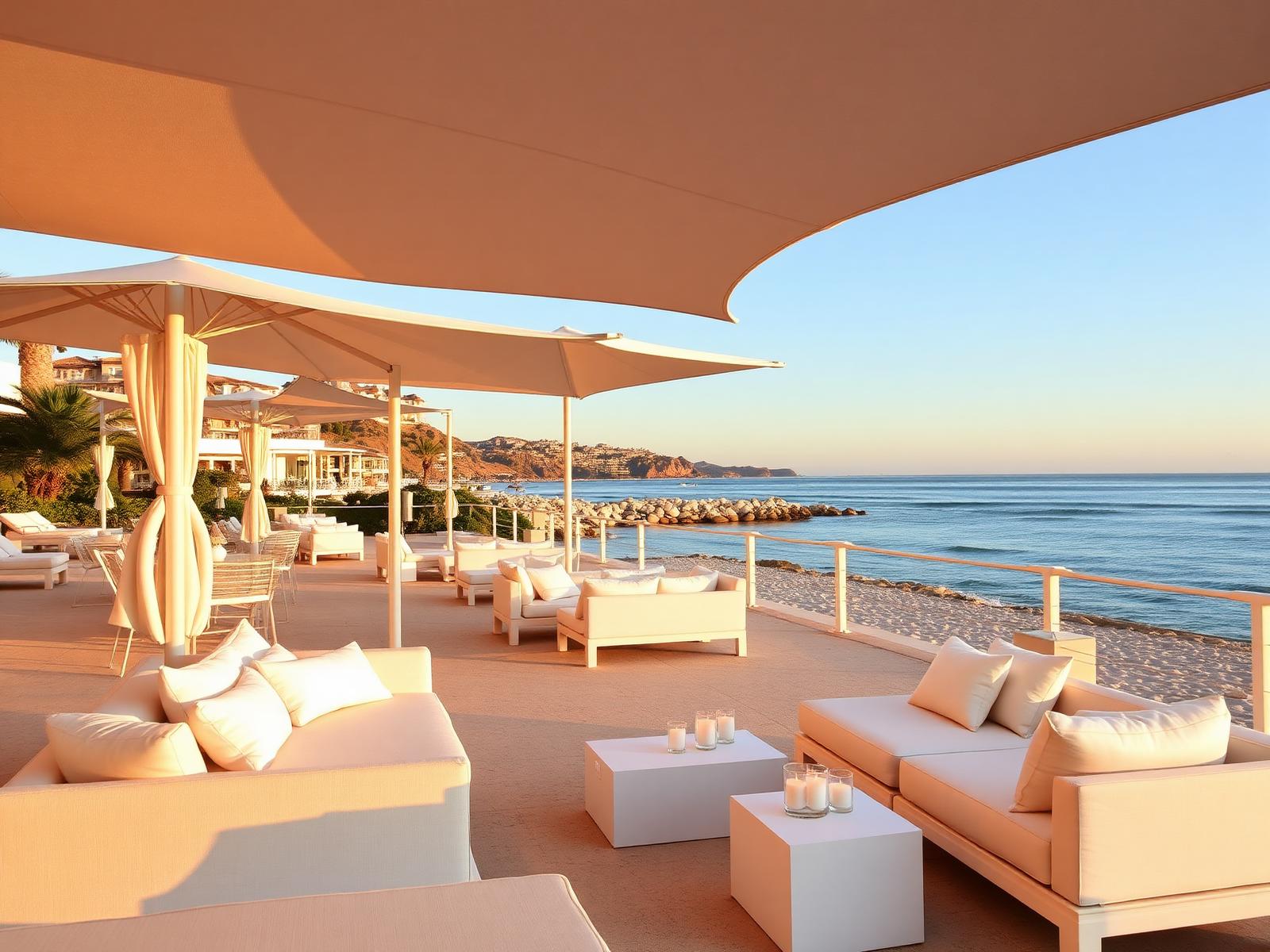 Marbella beach club terrace at golden hour with white sofas and sea view